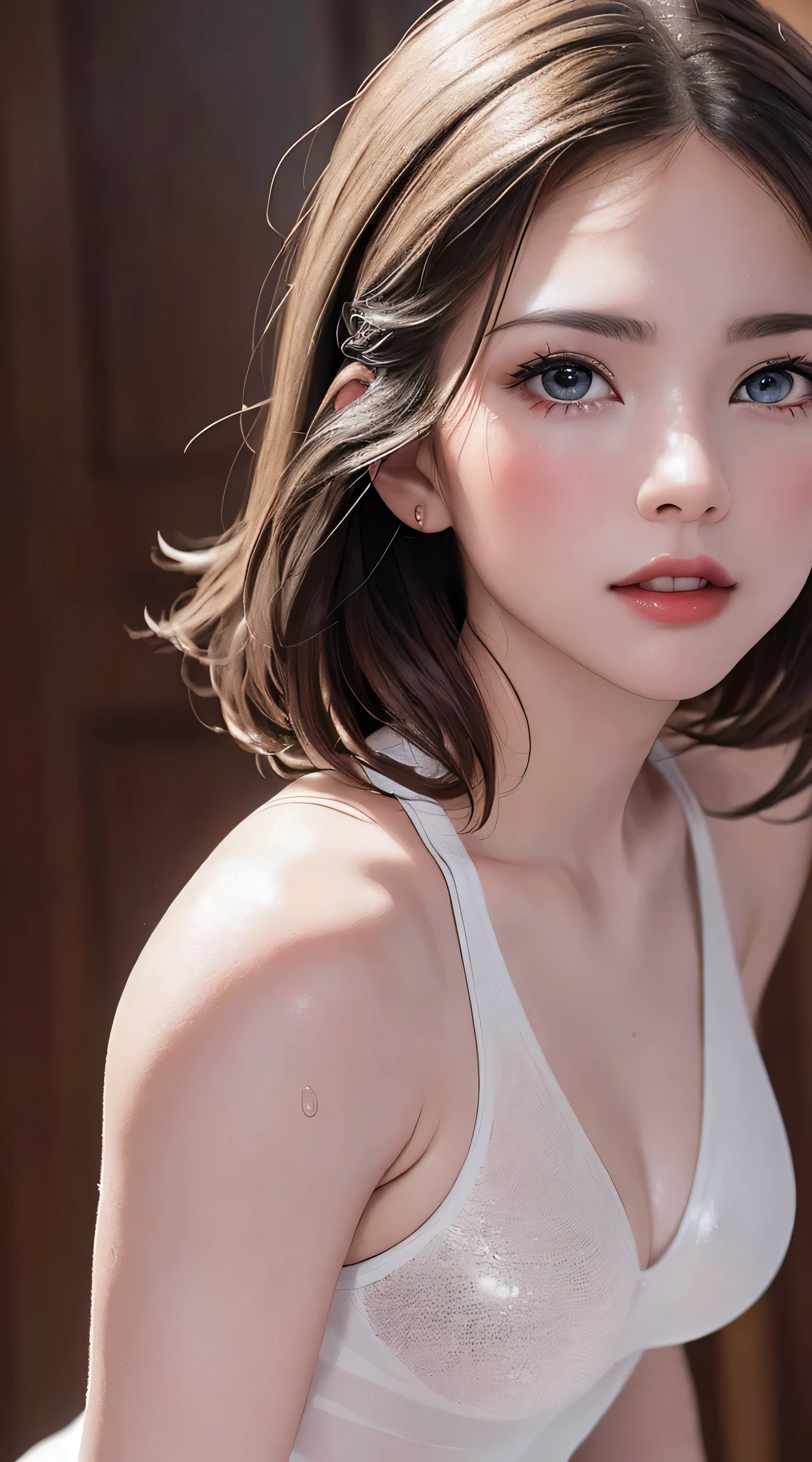 (8K, RAW Photos, of the highest quality, Masterpieces: 1.2), (Realistic, Photorealistic: 1.37), Highest Quality, Ultra High Resolution, Focused eyes, light leaks, Dynamic lighting, Slim and smooth skin, (face close-up:1.1), (Soft Saturation: 1.6), (Fair skin: 1.2), (Glossy skin: 1.1), (Oiled skin:1.2), 18 years old, rainy Night, Indoor, Strong neon light , hard rain,
BREAK, shiny white blonde, Well-formed, (Hair fluttering in the wind:0.9), (Close-up shot of face only:1.2), Physically Based Rendering, From multiple angles, (Cute:1.2), Beautiful hair blowing in the wind, all-fours, Chest is sheer, Well equipped, Sheer, Transparent, Glittering Gemstones, Beautiful body shape, It features a simple, BREAK, Hair volume decreases towards the ends of the hair, Beautiful skin without blemish, (thin transparent white leotard costume:1.2), Sparkly lips, The air is clear, shiny white blonde hair, Light is coming in from various directions, Hair is through strong light, (Erotic:1.3), (Bare chest:1.2), (Small breasts:1.2), Under the breasts, narrow waist, narrow shoulders, gazing at viewer, Big smile, old downtown, Bathing, short hair, damaged, (water bottle:1.2), she is chugging bottles,