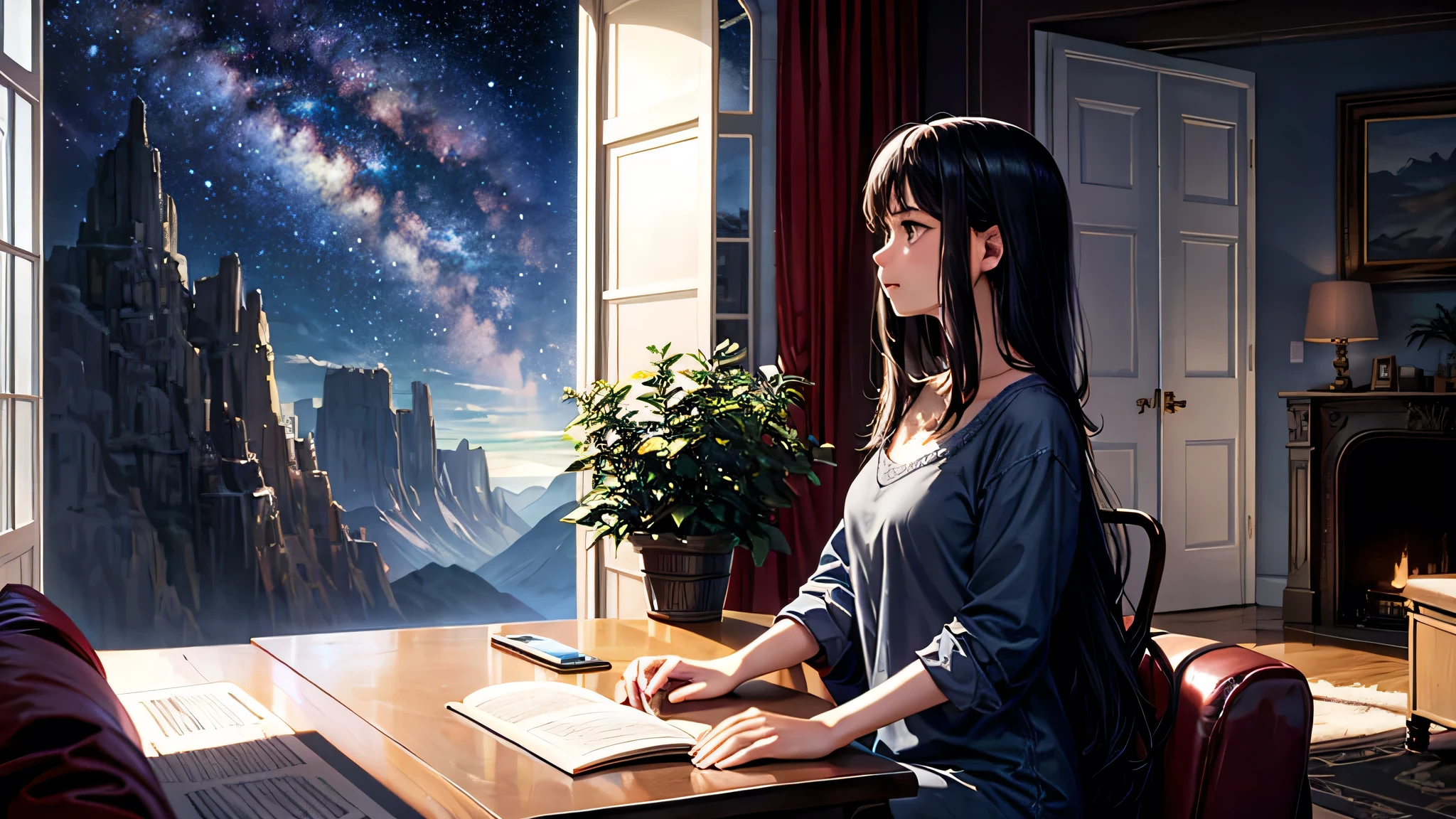 alone, Singular light, woman, face seen from the side, sideways, cosmic, fantsy, looking away:1.4, adult, busty, Ghibli-like design, living room, sitting, dark hair, studying, Completely, landscape orientation, side view, music