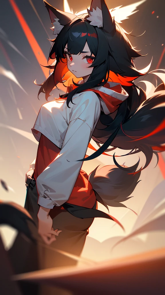 ((1girl, wolf girl, wolf girl, wolf ears, wolf tail, fluffy tail, fluffy ears, large tail, one tail, [tail attached to tailbone])), light skin, blood red eyes, black hair with red highlights, neck length hair, strong, starry eyes, stern expression, hoodie sweatshirt, cargo shorts, modestly dressed, pants down to knees, beautiful, athletic, clean fingers, well-formed fingers, no extra limbs, high detail, romanticism, film lighting, ray tracing, motion rye, uhd, high detail, top quality, 8k, safe for work,