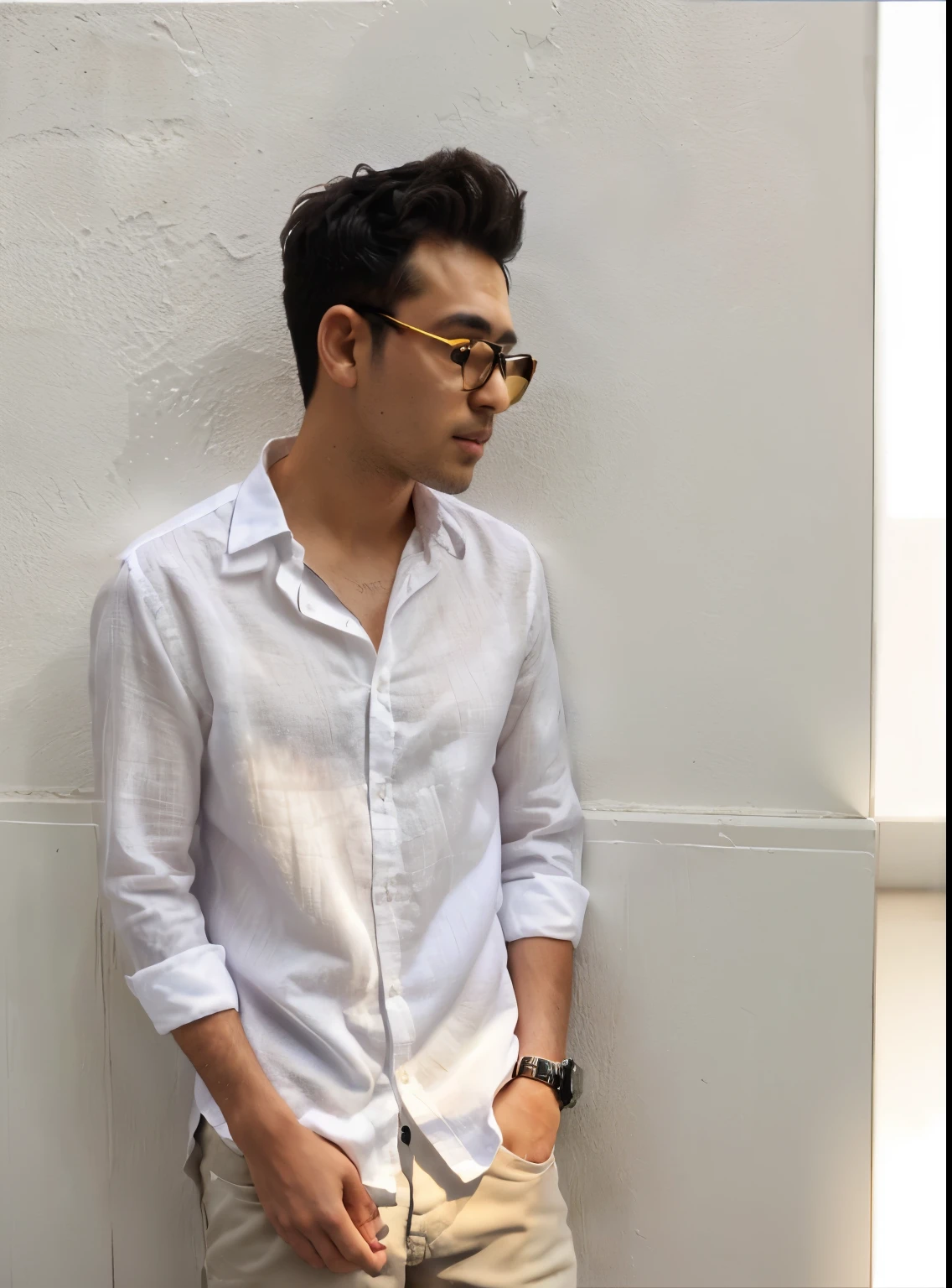arafed man in white shirt standing against a wall, wearing a light shirt, wearing white shirt, wearing a white shirt, wearing in shirt, wearing a linen shirt, handsome man, wearing a white button up shirt, wearing thin large round glasses, handsome chad chin, white wrinkled shirt, wearing black wrist watch, taken with canon 8 0 d