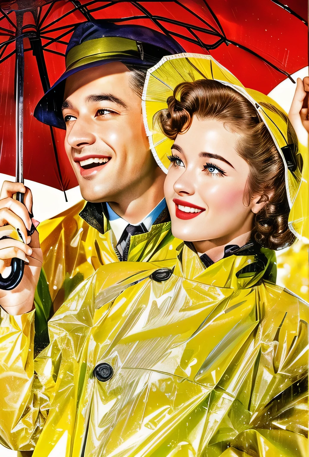 arafed image of a man and woman in raincoats holding an umbrella, movie promotional image, yellow parasol, rain!!!!, digitally remastered, raining!, vintage movie, old movie, yellow raincoat, movie artwork, it's raining outside, raining, poster shot, 1 9 5 0 s movie poster, slide show, say ahh, description, it's raining