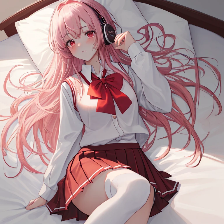 (8k、highest quality、masterpiece:1.2)、Illustration touch、Ultra-detailed、Super A High Resolution、Light pink hair、long hair、Headphones、Woman in uniform、clear、High 、ボタンを全部とめた白色のLong sleeve blouseと紺色のSweater vest、Long sleeve blouse、Red bow tie、紺色のSweater vest、Sweater vest、Red Check Skirt、Red Check Skirt、mini skirt、White knee socks、White Pantyhose、Lying exhausted in bed、Inner thighs、Thin limbs、White panties、(School uniform:1.4)、Blushing、Embarrassed、Watery eye、Pulling up her skirt