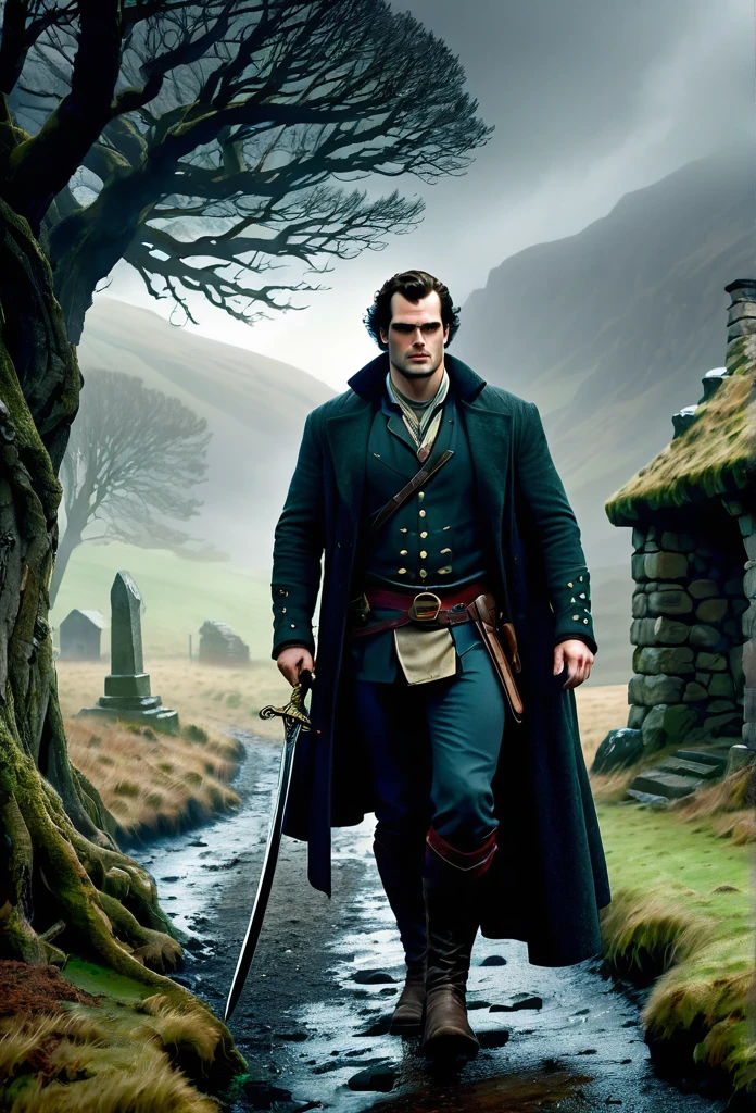 create a picture of Henry Cavill as Connor Mc Leod walking to a beautiful, enigmatic, cozy but eerie Bothy in a middle of nowhere at the misty Highland of Scotland, dragging his big long sword, torrential rain in winter afternoon, gnarly and twisted trees surrounding the bothy and a lot of ancient standing stones, Don Lawrence photo realistic style