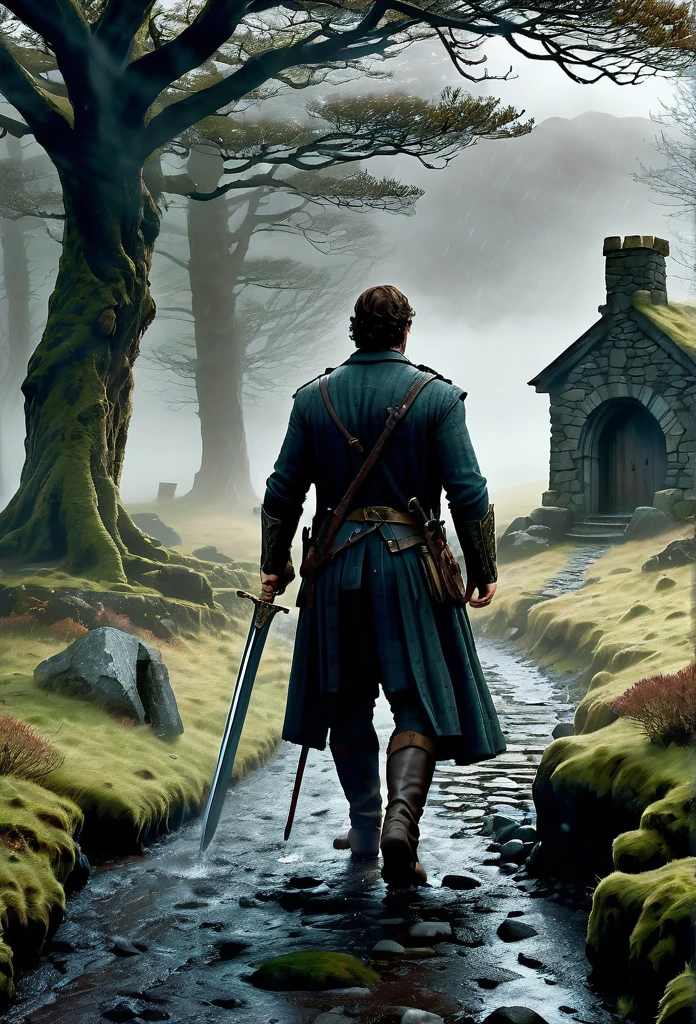 create a picture of Henry Cavill as Connor Mc Leod walking to a beautiful, enigmatic, cozy but eerie Bothy in a middle of nowhere at the misty Highland of Scotland, dragging his big long sword, torrential rain in winter afternoon, gnarly and twisted trees surrounding the bothy and a lot of ancient standing stones, Don Lawrence photo realistic style