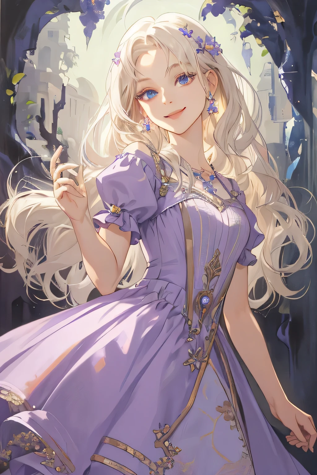 (masterpiece), best quality, expressive eyes, yunani saintess dress style painting of beautiful, lilac short dress, lush and haunting background, platinum blonde curl long hair, carolina eyes, smile mouth, look at camera