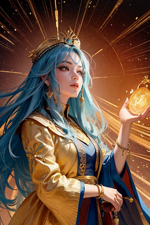 ((Highest quality and exquisite details)), ((Masterpiece of artistry and allure)), Detailed and Textured, Perfect Face with Kind Expressions, Healing Aura, Alluring Energy, Fortune Teller's Charisma, Fantastic Imagery, Vivid and Bright Colors, Long and Wavy Locks, Frontal View, Gal with Flashy Hair, Wizard's Enchanting Attire, Anime-inspired Robe, Sparkling Crystal Eyes, Eyelashes Long and Full, Goddess of Fortune and Prosperity, Economic Fortune and Billionaire Status Symbolized, God-like Presence, Wealth and Power
