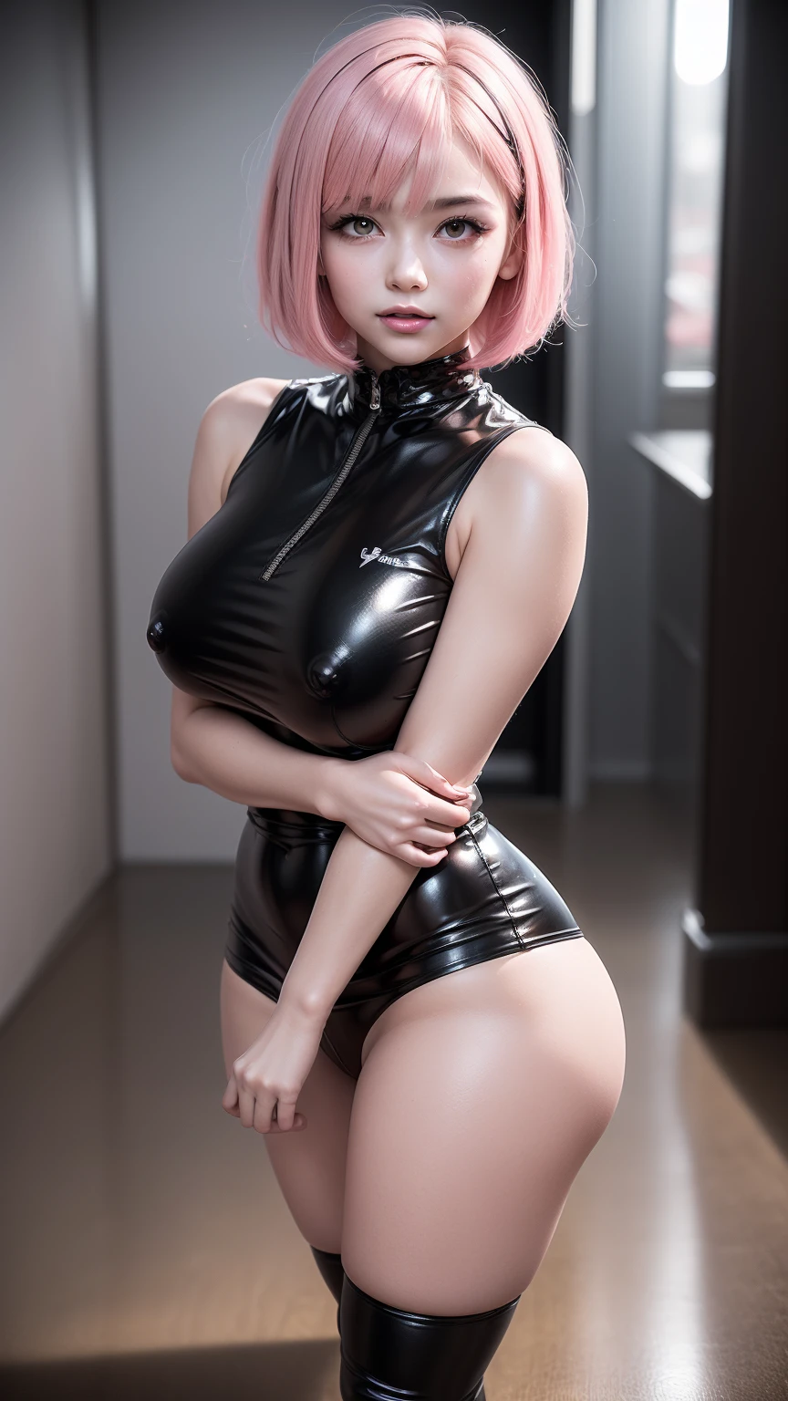 Girl with pink bob hair, perfect body, horny nsfw wonderful breasts, beautiful, sleeveless black latex shirt, black skirt, black sneakers,with dim surrounding lighting is exuding. She is a girl whose whole body is important, and whose whole body becomes a Vtuber girl. 