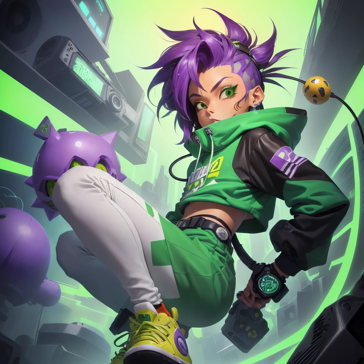 una caricatura de un extraterrestre verde y morado con una estrella verde en la cabeza, Ilustraciones de radio jet set, estilo de radio jet set, chico de la fatalidad verde, estilo varguyart, polygon art style 1993, vinny de salsa de vid, Raypunk, jet set radio, inafune design, Espiga shell, Espiga, obra maestra