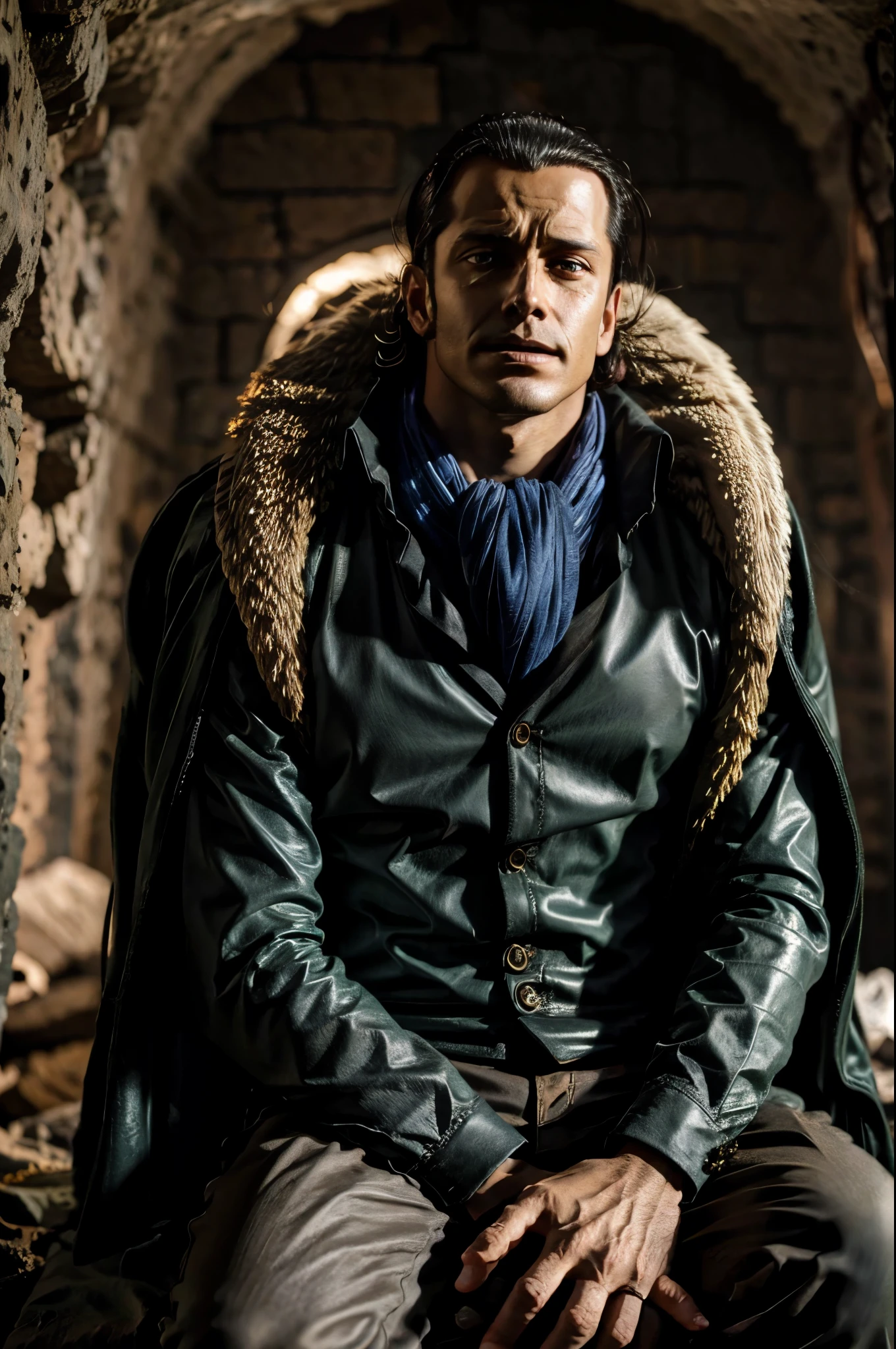 masterpiece, best quality, extremely detailed, hyperrealistic, photorealistic, a cool 40s man, ultra detailed face:1.2, fur-trimmed coat, scarf around the neck, dark light, in cave:1.1, sitting, dynamic pose
