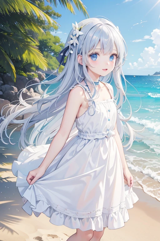 masterpiece, highest quality, High resolution, One 、blue eyes、
Silver Hair、Vertical Roll、White dress、Stroll along the sandy beach