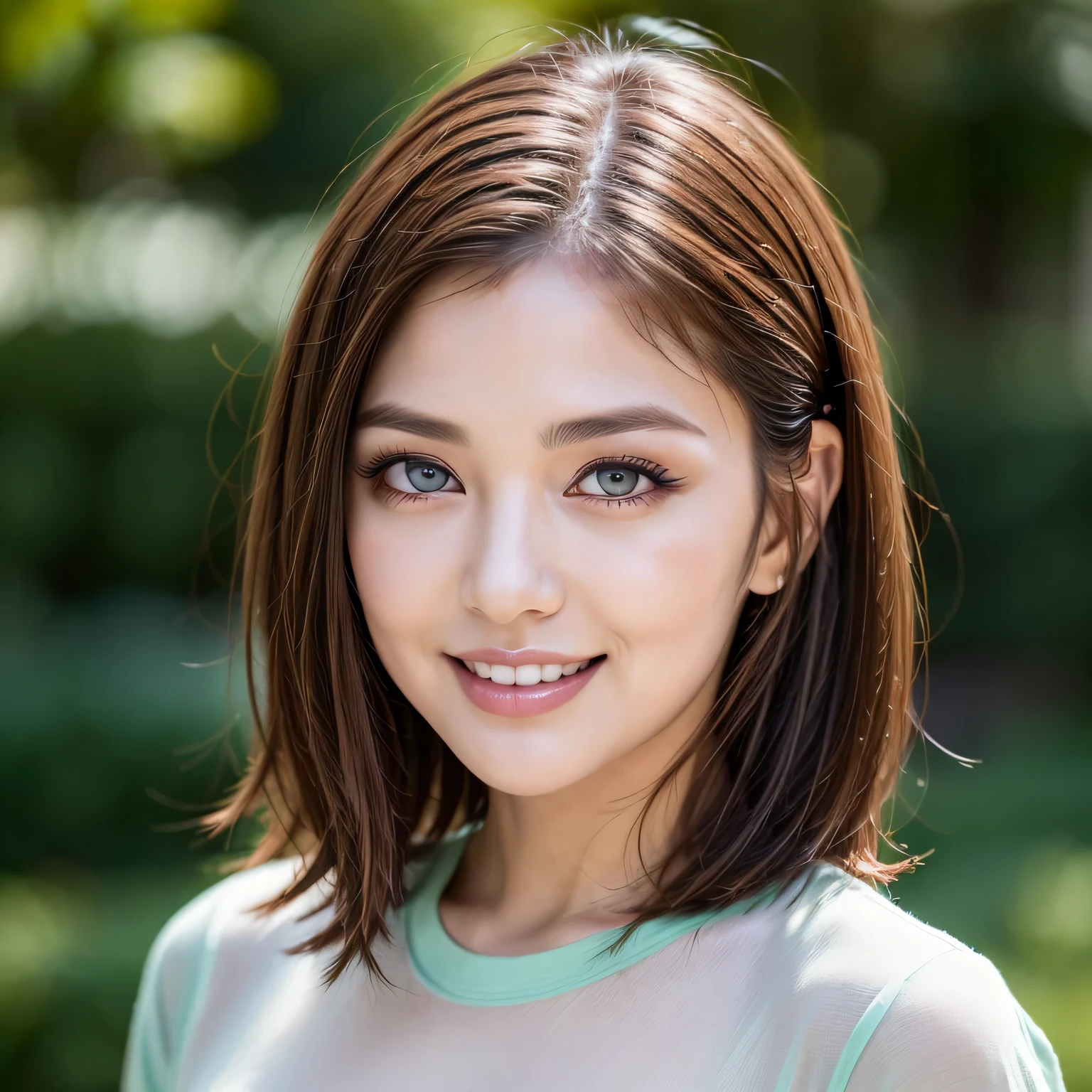 (8k, RAW Photos, highest quality, masterpiece, Realistic, Realistic), (1 female), (Ultimate beauty), Highly detailed face, (Perfect Teeth), Beautiful Eyes, double eyelid, eyelash, smile, Lip details, Brunette Bob, The light shines on your face, Big Breasts, ((T-Shirts)), ((Upper Body)), (background: garden), ((Written boundary depth))