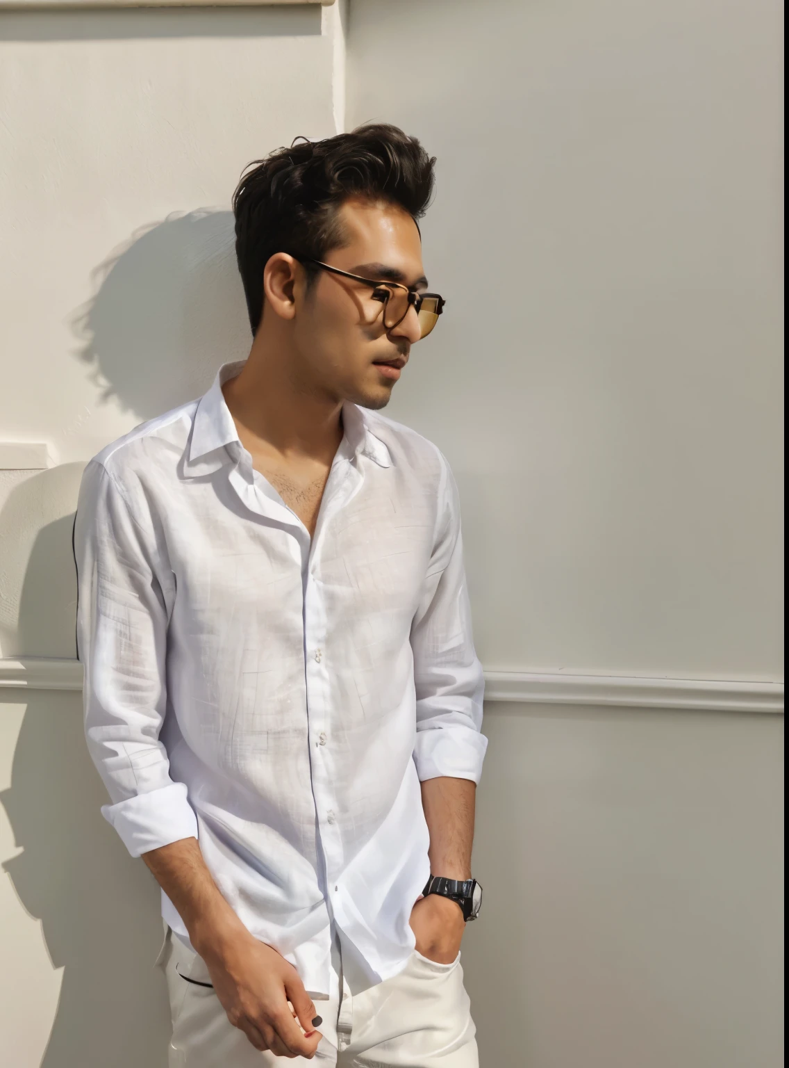 arafed man in white shirt standing against a wall, wearing a light shirt, wearing white shirt, wearing a white shirt, wearing in shirt, wearing a linen shirt, handsome man, wearing a white button up shirt, wearing thin large round glasses, handsome chad chin, white wrinkled shirt, wearing black wrist watch, taken with canon 8 0 d
