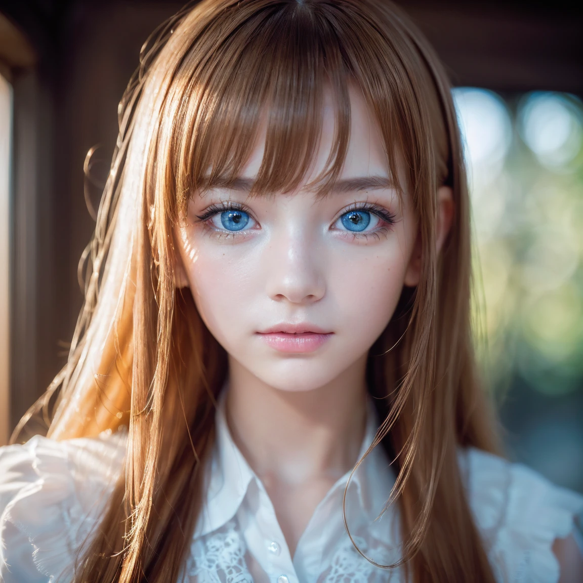 night, Raw photo, (((Very beautiful portrait))), (Glowing Skin)), 1 girl, 16 year old beautiful girl from Prague, (((Natural platinum Ginger hair)), [Bright Blue Eyes], Super long hair, eyeliner, Fluttering Hair, bangs over eyes、Vibrant, ((masterpiece, 最high quality, Ultra Detail, Cinematic Light, Intricate details, High resolution, 8K, Very detailed)), Detail Background, 8K uhd, Digital single-lens reflex camera, Soft lighting, high quality, Film Grain, Fujifilm XT3, Shallow depth of field, Natural light, (Perfect hands), Perfect Face, View from afar、Small Face Beauty、
