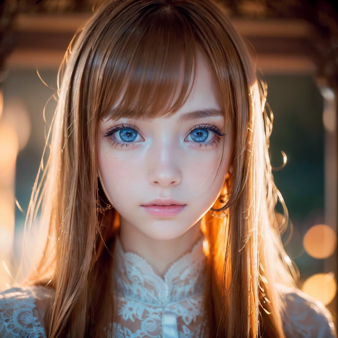 night, Raw photo, (((Very beautiful portrait))), (Glowing Skin)), 1 girl,  beautiful girl from Prague, (((Natural platinum Ginger hair)), [Bright Blue Eyes], Super long hair, eyeliner, Fluttering Hair, bangs over eyes、Vibrant, ((masterpiece, 最high quality, Ultra Detail, Cinematic Light, Intricate details, High resolution, 8K, Very detailed)), Detail Background, 8K uhd, Digital single-lens reflex camera, Soft lighting, high quality, Film Grain, Fujifilm XT3, Shallow depth of field, Natural light, (Perfect hands), Perfect Face, View from afar、Small Face Beauty、