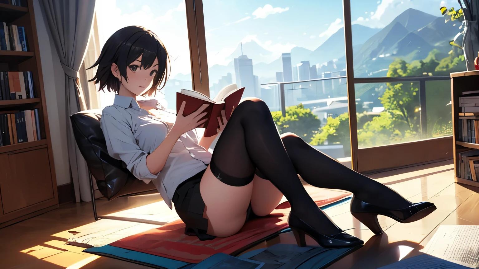 Anime girl in a miniskirt, Reading a book,whole body,Complete two-legged,Complete Hand,Makoto Shinkai's art style, Shinkai Makoto style, Painted in an anime artist's studio, By Shinkai Makoto. Digital Rendering, Lo-fi Girl, ( ( By Shinkai Makoto ) ), in the Makoto Shinkai's Style, Anime Style 4k, Makoto Shinkai's Style, Created by Anime Painter Studio、sunset、At dusk,(Ultra High Definition CG Integrated 8K Wallpaper: 1.2), (Beautiful Skin: 1.2), (Pale skin: 1.3), (Hyper Sharp Focus: 1.5), (Ultra Sharp Focus: 1.5), (Beautiful pretty face: 1.3), (Highly detailed background, Detailed background: 1.3), Ultra Realistic Photo, Ultra-sharp images, Hyper-detail image