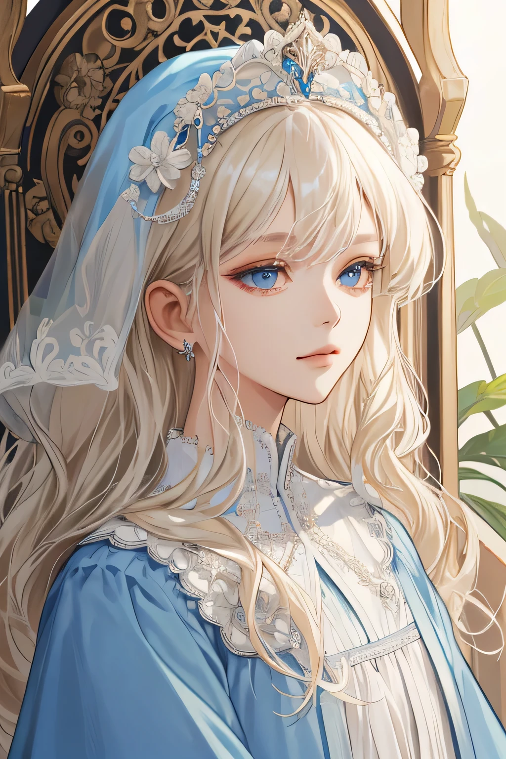 (extreamly delicate and beautiful:1.2), 8K,(masterpiece:1.0),(best_quality:1.0), 1 girl, and intricate detailing, Enlarged textures, and intricate detailing, finely eye and detailed face, and intricate detailing, shiraga, platinum blonde curls long hair, (closed mouths), Perfect eyes, Equal eyes, carolina eyes (A famale god) with white blue dress liturgical robes Yunani romawi