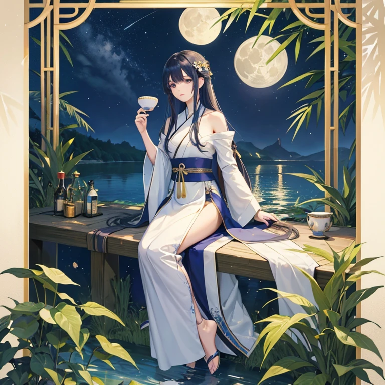 wallpaper, highly detailed, illustration, 1 girl, Azure hair, long hair, detailed eyes, forest, bare shoulders, hanfu, lakes, pure, soft smile, bamboo, Tea, drinking tea, night time, starry sky, full moon, full body