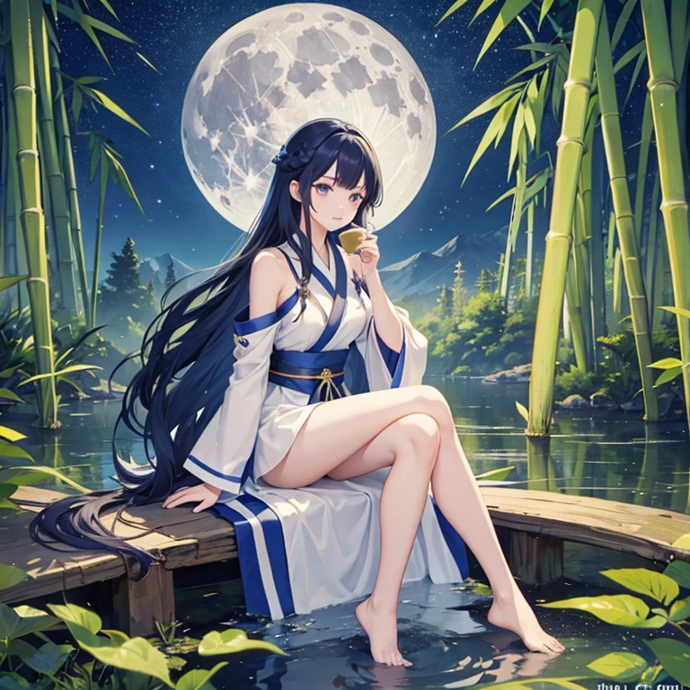 wallpaper, highly detailed, illustration, 1 girl, Azure hair, long hair, detailed eyes, forest, bare shoulders, hanfu, lakes, pure, soft smile, bamboo, Tea, drinking tea, night time, starry sky, full moon, full body