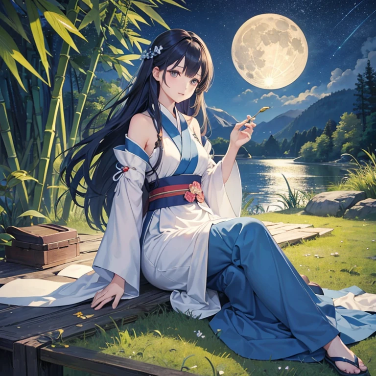 wallpaper, highly detailed, illustration, 1 girl, Azure hair, long hair, detailed eyes, forest, bare shoulders, hanfu, lakes, pure, soft smile, bamboo, Tea, drinking tea, night time, starry sky, full moon, full body
