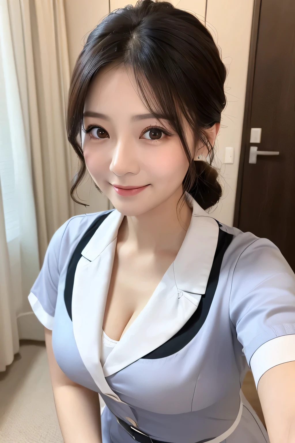 (1 woman)、(Beautiful Japanese、38years old,round face、Refreshing、clear、seems kind、stylish、Pitiful、cute like an angel、cute、black eyes、,actress,Narrow eyes,Adult atmosphere、Slit eyes), Good style , (Beautiful big breasts:1.2),(soft breasts),(very cute),(Black hair),(updo),(enchanting eyes),(highlight on eyes:1.2)、(8K、Live shooting、highest quality、masterpiece:1.2、optimal lighting)、((masterpiece)),(Photo taken by a professional photographer),(real、photo real:1.4),break,{ (White nurse costume),(((taraditional nurse uniform))),(White nurse mini skirt),((White pantyhose)),(cleavage:1.2)},(cheeks are red:1.2), break, break,Hospital,Face shot:1.3、Hospital room、Looking at viewer:1.0,Smile、Face close-up、 looking at a lover