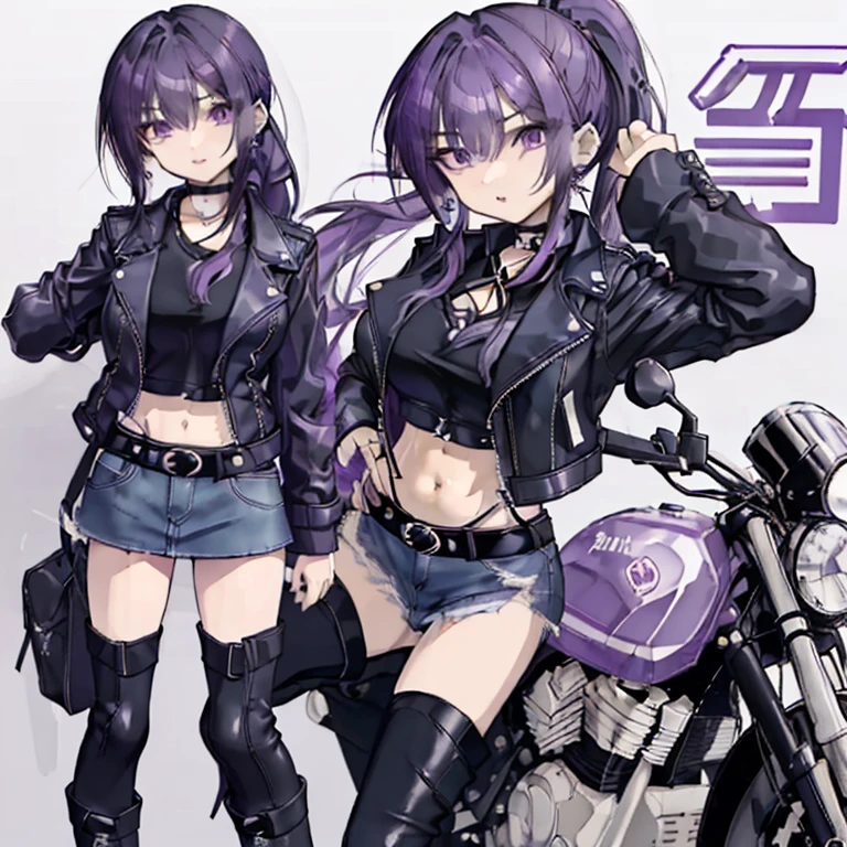 1 girl,Purple Hair,Long Hair,ponytail,Purple Eyes,Sharp Eyes,cool,Mature,Ample breasts,Earrings,choker,Black leather jacket,Belly button,belt,Denim miniskirt,Lace-up boots,riding a big motorbike,1 girl,