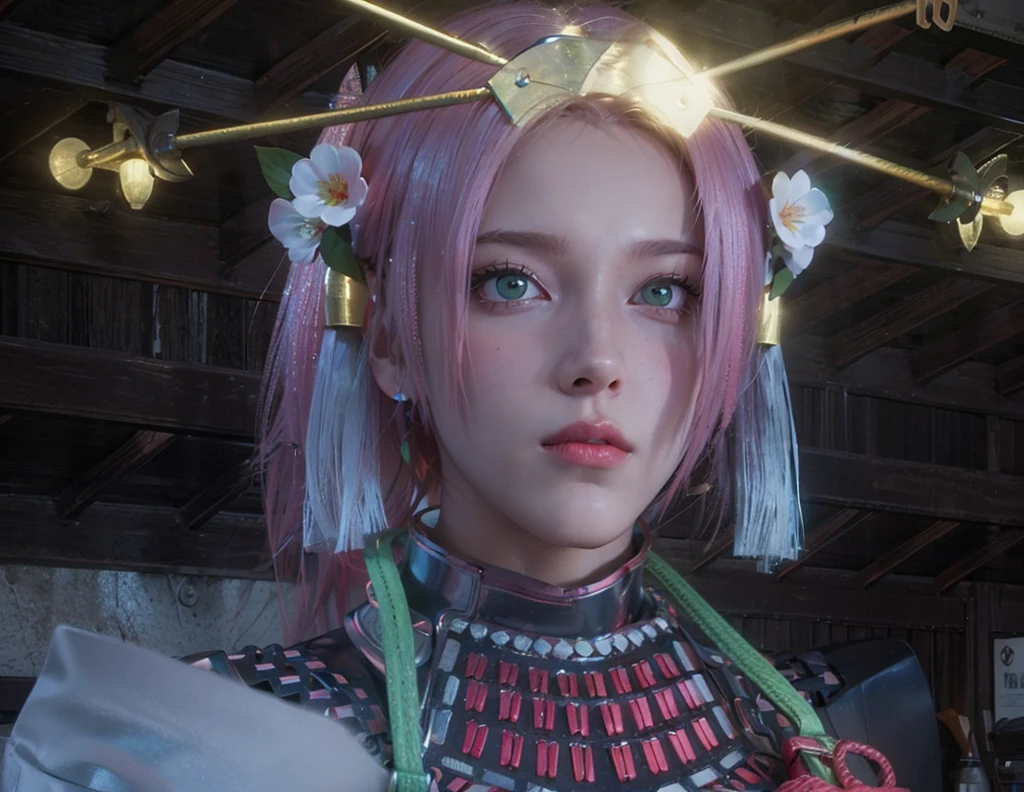 young woman, short shoulder-length pink hair, wide forehead, porcelain skin, pink eyebrows, big emerald green eyes, buttoned nose, full lips, heart-shaped face, slender body, small breasts, red tank top, Sakura Haruno , realistic, realism, details, 3d, well detailed
