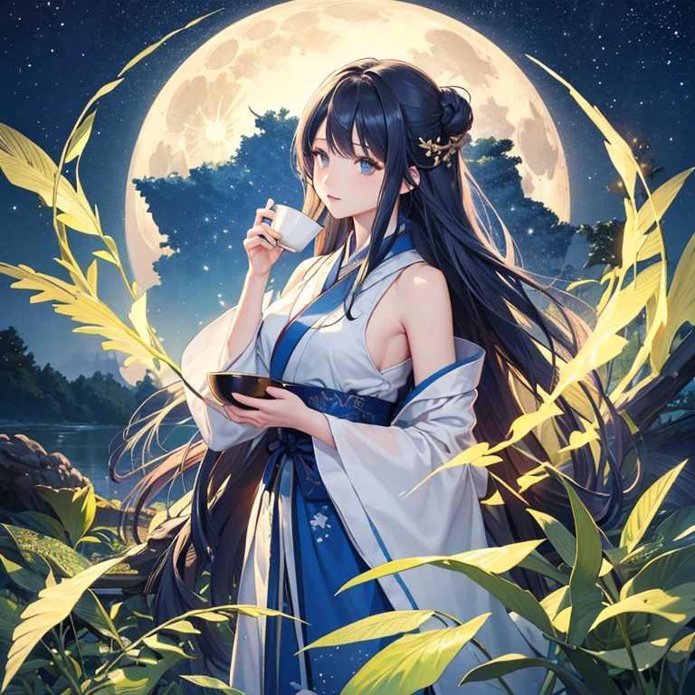 wallpaper, highly detailed, illustration, 1 girl, Azure hair, long hair, detailed eyes, full body, forest, bare shoulders, hanfu, lakes, pure, soft smile, bamboo, Tea, drinking tea, night time, starry sky, full moon, short hem
