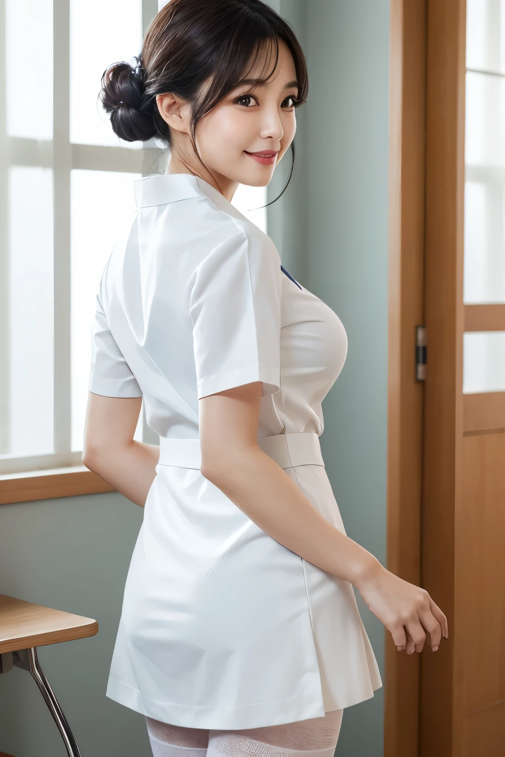 (1 woman)、(Beautiful Japanese、38years old,round face、Refreshing、clear、seems kind、stylish、Pitiful、cute like an angel、cute、black eyes、,actress,Narrow eyes,Adult atmosphere、Slit eyes), Good style , (Beautiful big breasts:1.2),(soft breasts),(very cute),(Black hair),(updo),(enchanting eyes),(highlight on eyes:1.2)、(8K、Live shooting、highest quality、masterpiece:1.2、optimal lighting)、((masterpiece)),(Photo taken by a professional photographer),(real、photo real:1.4),break,{ (White nurse costume),(((taraditional nurse uniform))),(White nurse mini skirt),((White pantyhose)),(cleavage:1.2)},(cheeks are red:1.2), break, break,Hospital,Face shot:1.3、Hospital room、Looking at viewer:1.0,Smile:0.7、Face close-up、Ass,A look like you、 looking at a lover