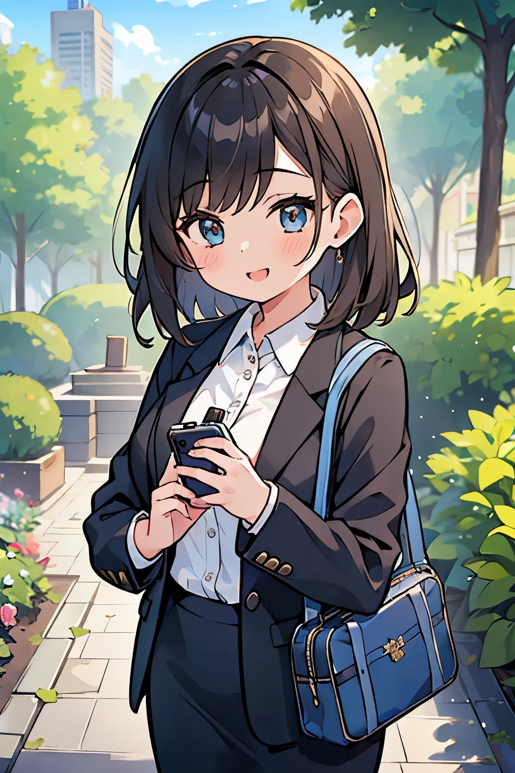 (((A girl holding a smartphone in both hands))), Office lady in suit, smile, 4k, Anime Moe Art Style, Esbian all over, garden