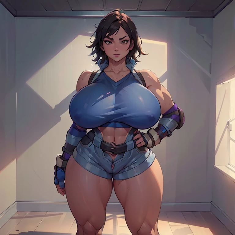 Extra Huge breasts, abs, thick thighs, tight sports bra, tight shorts, hands chained to wall, struggling against chains, angry, shorts ripped to expose vagina, Best eyes, The best lighting, Best fingers, 5-Fingers, (high resolution dynamic lights and shadows) ((masterpiece)) (8k) (perfect face) (best quality) (perfect hands and eyes), full body (NSFW breasts), hdri, extremely naked, nude, nua, pelada, nsfw, gigantic breast 1.9