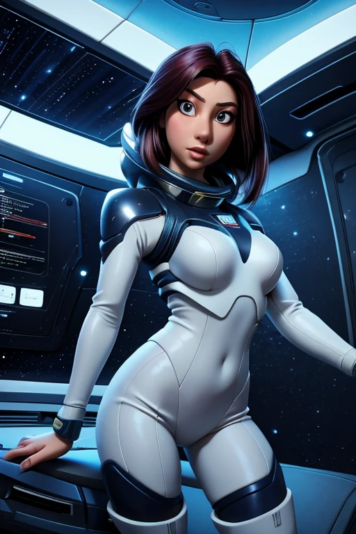 1 chica linda y hermosa, 20 years, de pie en una enorme nave espacial, Full of technology and futuristic interior., Open vision, lineas suaves, inspired by the movie space traveler, apariencia seductora, ultra high definition, piernas largas sexys
