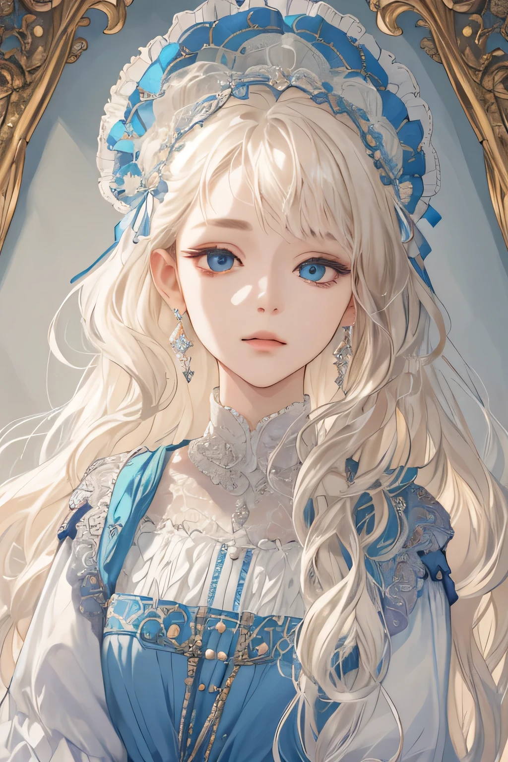 (extreamly delicate and beautiful:1.2), 8K,(masterpiece:1.0),(best_quality:1.0), 1 girl, and intricate detailing, Enlarged textures, and intricate detailing, finely eye and detailed face, and intricate detailing, shiraga, platinum blonde curls long hair, (closed mouths), Perfect eyes, Equal eyes, carolina eyes (A famale god) with white blue dress saintess Yunani romawi