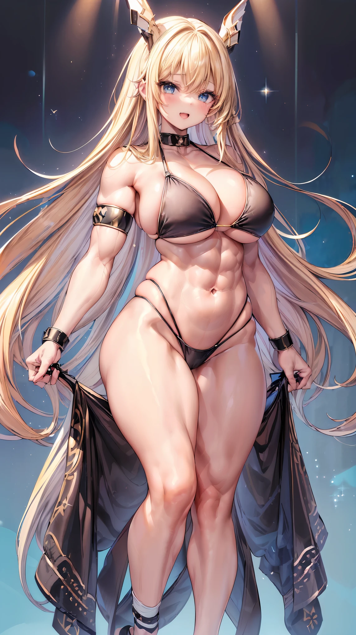 Very detailed、highest quality、Best image quality、masterpiece、8k、Anime Face、A kind smile、(Open your mouth:1.3)、Sparkling blue eyes、(Blonde semi-long hair:1.5)、(Muscles of the whole body:1.3)、(High leg:2.0)、Thigh belt、(Black high-cut bikini:1.5)、(Upper body photo:1.5)、(SFW Giant)、(Thick body:1.2)