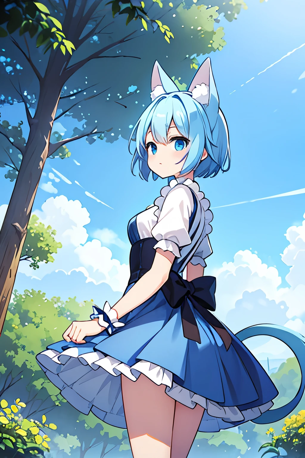 Light blue tail、Thin legs、Small waist、Long Skirt、Light blue hair、short hair、Animal ears、Black maid outfit、Don't expose your shoulders、White socks、White garter belt、Slender figure、Small breasts、Dim background、Confused eyes、Blue Eyes、Composition from the front