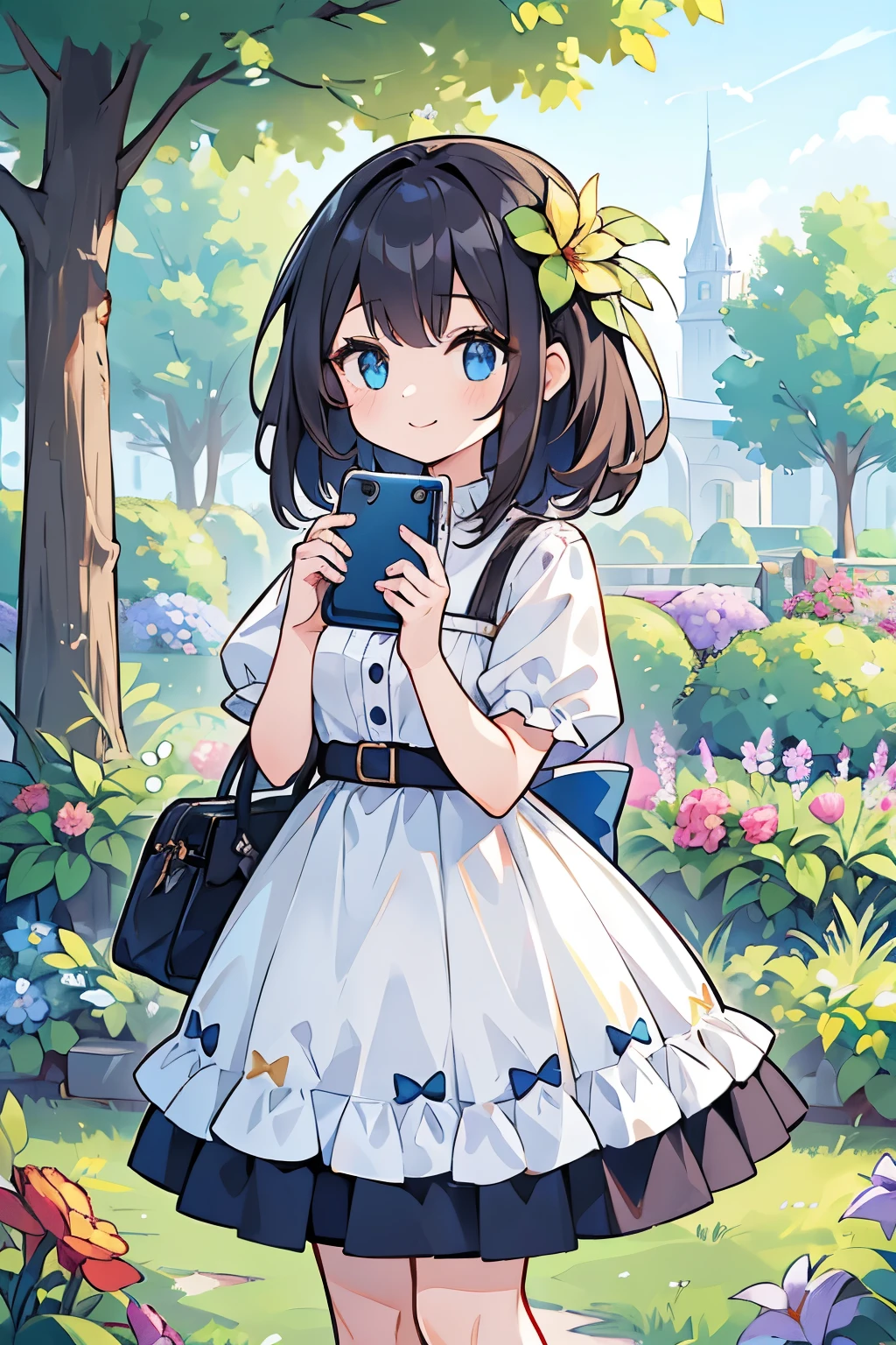 (((A girl holding a smartphone in both hands))),Blue Eyes,Open your mouth, A sloppy smile, Esbian all over,garden,(Highest quality, In 8K, masterpiece, Ultra-detailed)