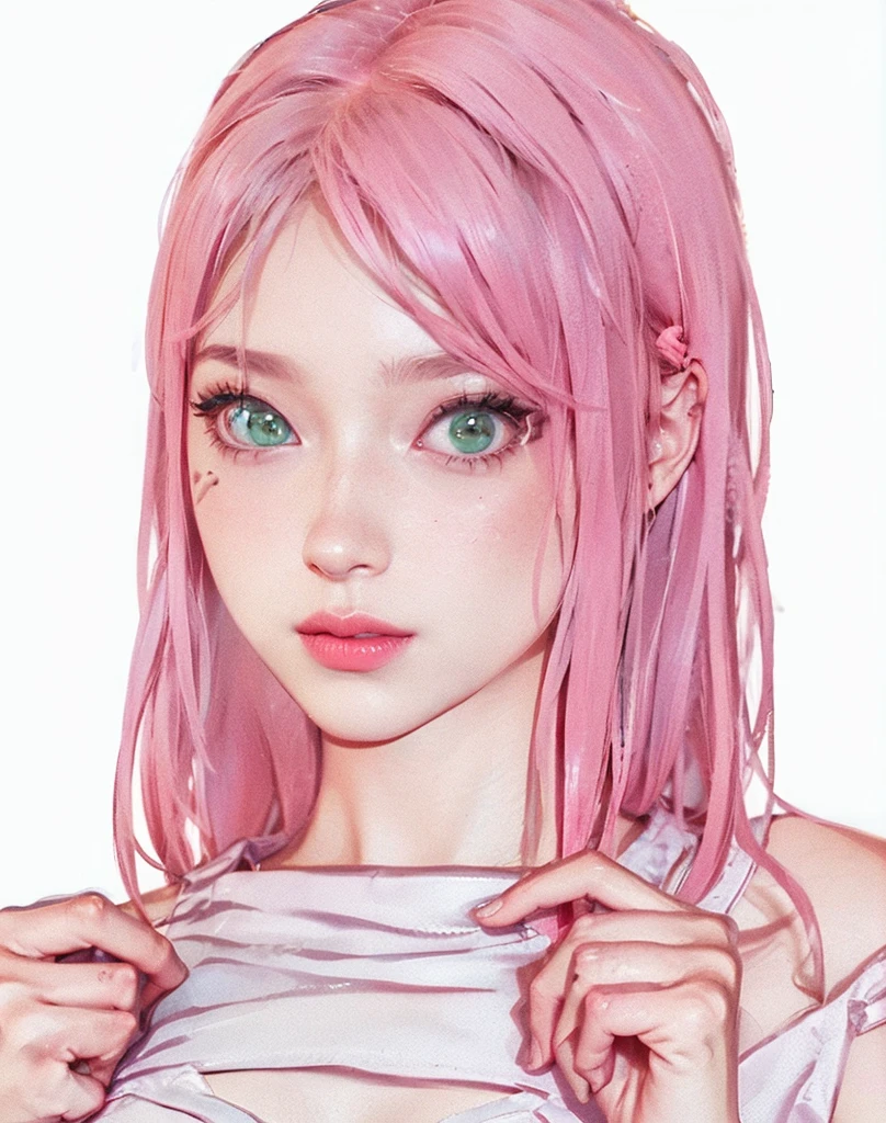 young woman, short shoulder-length pink hair, wide forehead, porcelain skin, pink eyebrows, big emerald green eyes, buttoned nose, full lips, heart-shaped face, slender body, small breasts, red tank top, Sakura Haruno , realistic, realism, details, 3d, well detailed
