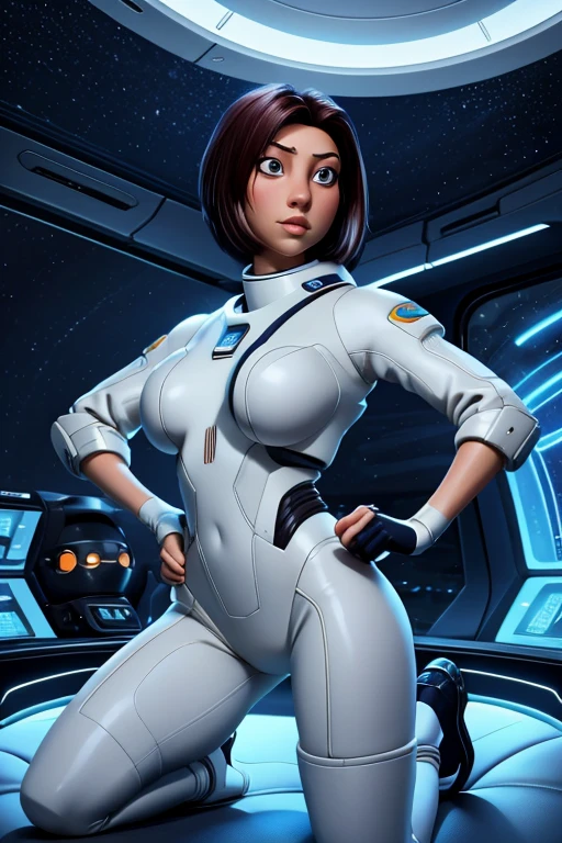 1 chica linda y hermosa, 20 years, de pie en una enorme nave espacial, Full of technology and futuristic interior., Open vision, lineas suaves, inspired by the movie space traveler, apariencia seductora, ultra high definition, piernas largas sexys