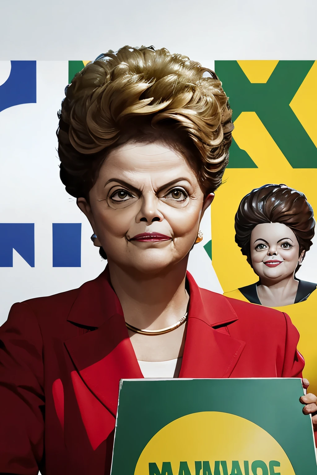 Caricature of Dilma Rousseff, president of Brazil, confused with a calculator in her hand, buck-toothed, above her a banner with the phrase 'NOT 30%', written correctly, illustration, painting, 3D rendering, typography