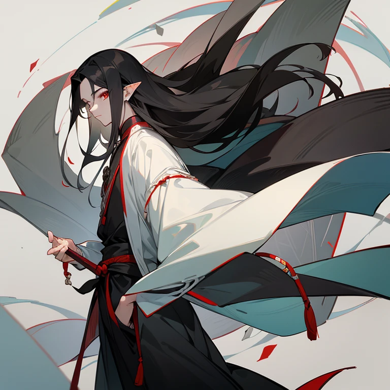 Beautiful young tall man, white complexion, red eyes, pointed ears, long, loose straight black hair, ancient Chinese clothing in gray, black and white colors with bamboos
