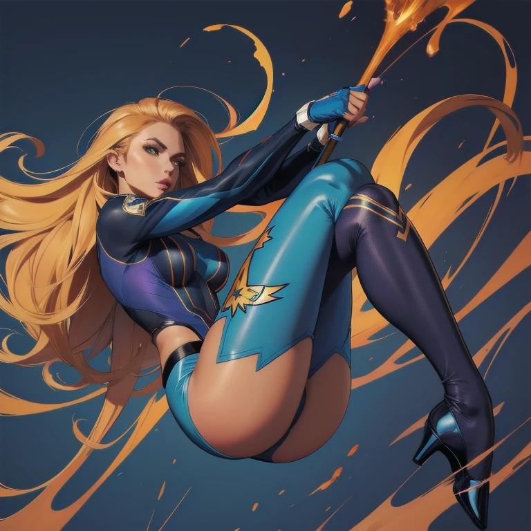 Melhor qualidade, mulher,estilo de detalhes comics americano,airbrush art,dark amber and blue,colorful tights clothes