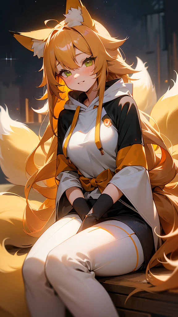 ((1girl, fox girl, kitsune girl, fox ears, animal ear fluff, fox tails, fluffy tails, large tails, nine tails, [tails attached to tailbone], kyuubi, kyuubi kitsune)), long hair, blonde hair, wavy hair, messy hair, (green eyes), green eyes, starry eyes, smile, light smile, parted lips, hoodie sweatshirt, cargo pants, modestly dressed, pants fully cover legs, cute, beautiful, athletic, starry eyed, loving, light blush, clean fingers, well-formed fingers, high detail, romanticism, film lighting, ray tracing, motion rye, uhd, high detail, top quality, 8k, sitting down, safe for work