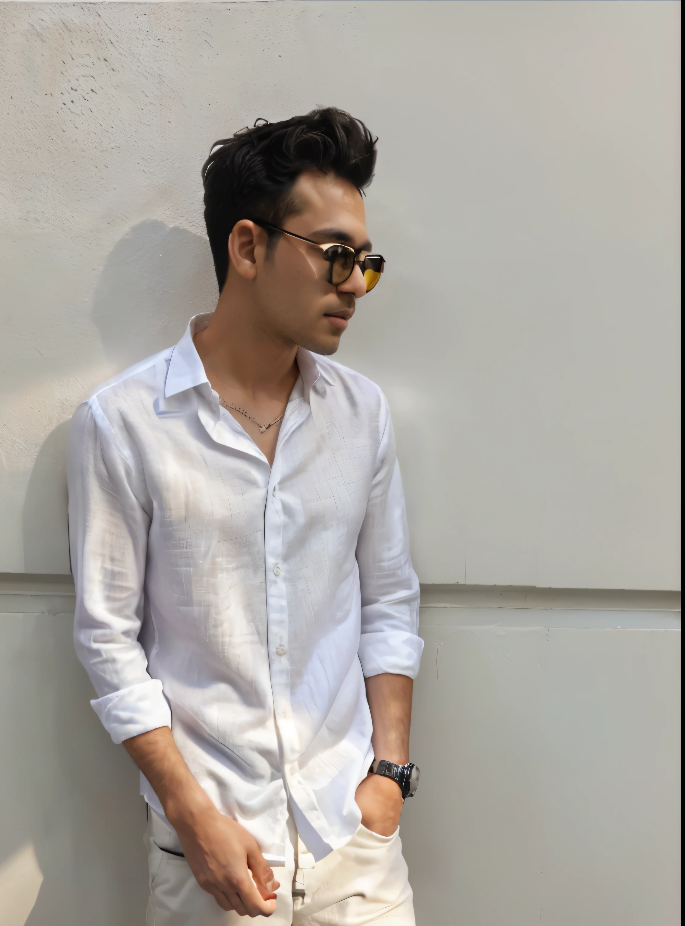 arafed man in white shirt standing against a wall, wearing a light shirt, wearing white shirt, wearing a white shirt, wearing in shirt, wearing a linen shirt, handsome man, wearing a white button up shirt, wearing thin large round glasses, handsome chad chin, white wrinkled shirt, wearing black wrist watch, taken with canon 8 0 d