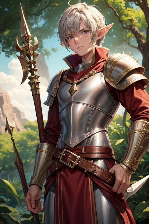 30 year old elf man with short spiky golden hair, short messy hairstyle with fringe, pointed elf ears, light red medieval armor clothing, gray eyes holding a spear, brown boots, brown leather belt, sun ornaments on the belt, forest background with magic symbols