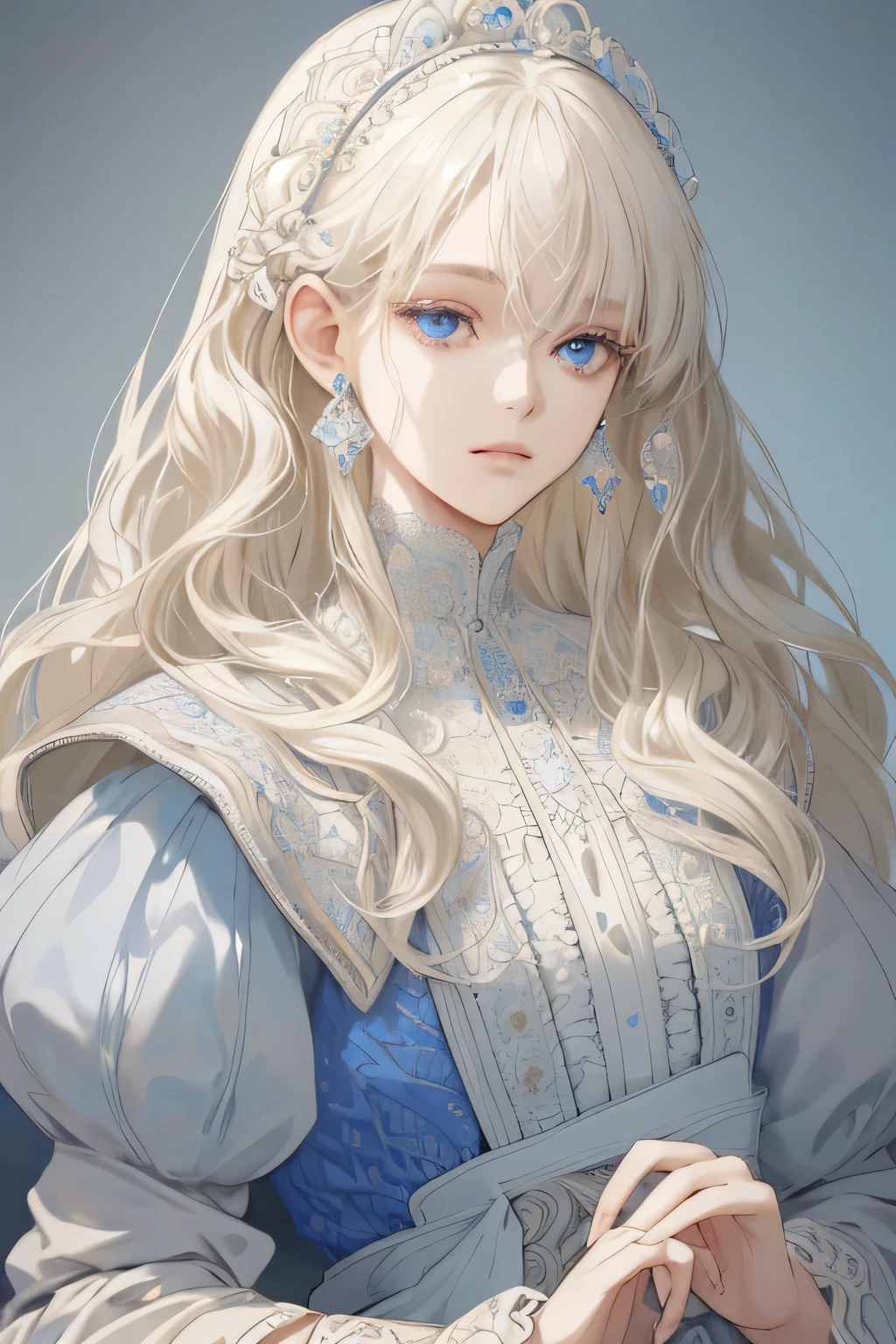 (extreamly delicate and beautiful:1.2), 8K,(masterpiece:1.0),(best_quality:1.0), 1 girl, and intricate detailing, Enlarged textures, and intricate detailing, finely eye and detailed face, and intricate detailing, shiraga, platinum blonde curls long hair, (closed mouths), Perfect eyes, Equal eyes, carolina eyes (A famale god) with white blue dress Yunani romawi