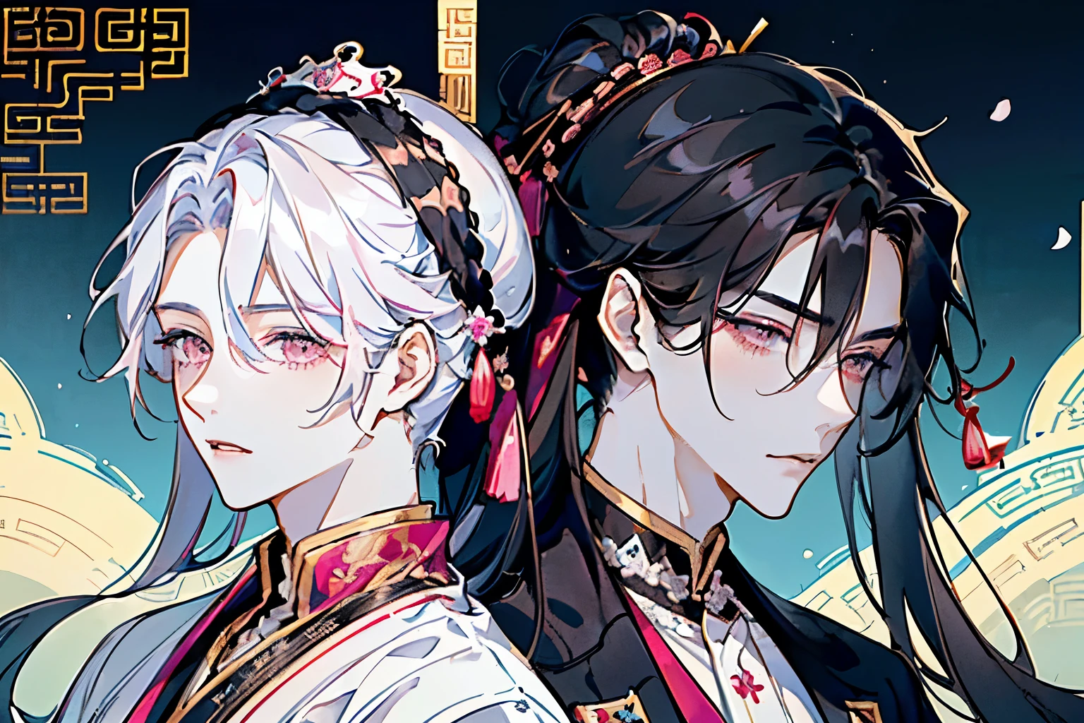 ((Two young men around 18 years old)),(Black Hair:1.3),(Long Hair:1.3),(Royal costume like that of a Chinese prince:1.5),(Pink and white and yellow and light blue),((Close-up of face:1.1)),((Hair tied up:1.2))