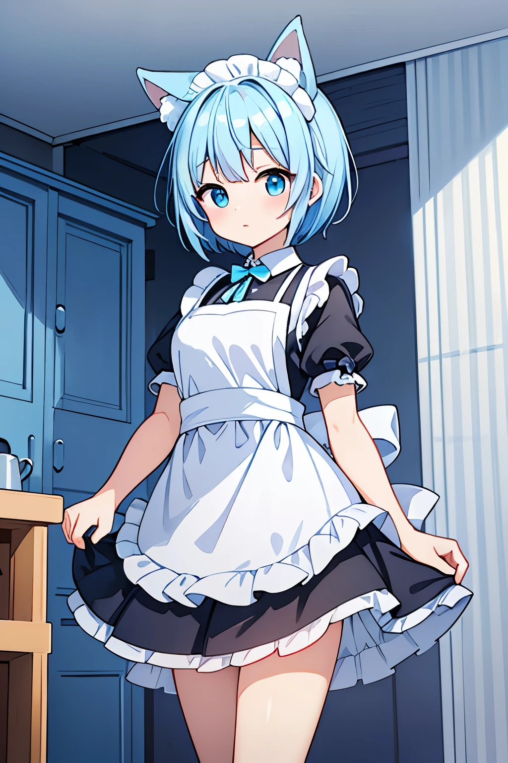 Light blue hair、short hair、Animal ears、Light blue tail、Black maid outfit、Don&#39;t expose your shoulders、White socks、White garter belt、Thin legs、Long Skirt、light makeup、Slender figure、Small breasts、Small waist、Dim background、Confused eyes、Blue Eyes、Composition from the front