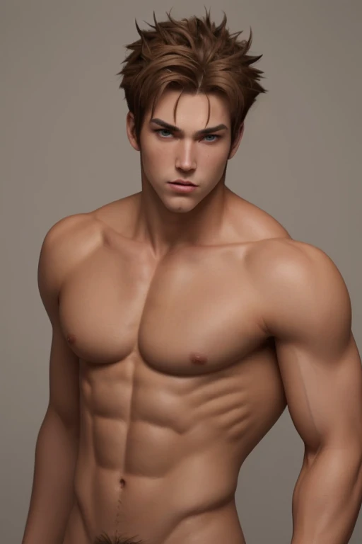 Creates a tall, beefy shirtless guy with light brown hair, light brown eyes with red spikes in his hair, and no shirt.