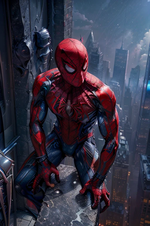 (masterpiece, high resolution, detailed:1.3), Amidst the towering skyscrapers of New York City, a young ((Spider-Man)) perches, ((shirtless)), revealing a toned physique honed from countless acrobatic swings between buildings. Even without the full suit, the ((iconic spider emblem:1.3)) is prominent ((on his chest:1.3)), standing out against his sun-kissed skin.