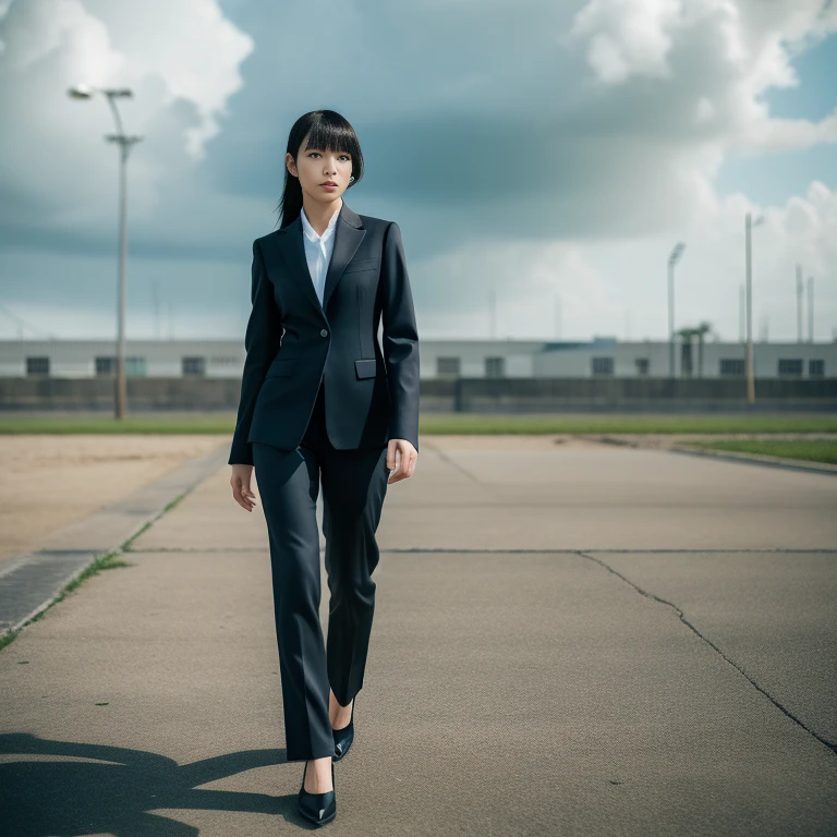 Tech Black, Calm cyberpunk style, A vacant lot with a nice texture, Walking Girl, thin:1.2, ponytail_weave_Hairstyle, bangs, Navy Silk Business Suit, pants suit, Frank, masterpiece, highest quality, RAW Photos, Sigma 50mm f1.4, Diffused light on a cloudy day