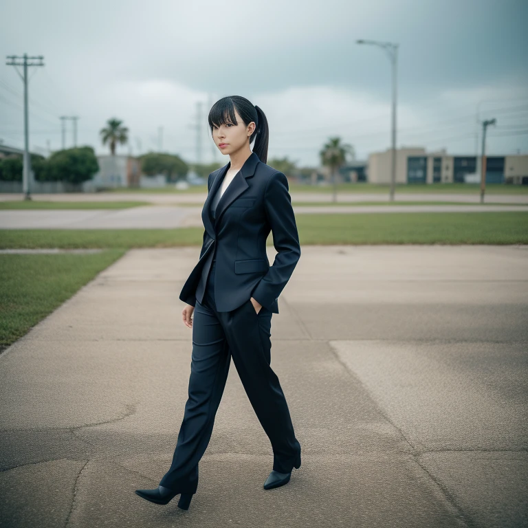 Tech Black, Calm cyberpunk style, A vacant lot with a nice texture, Walking Girl, thin:1.2, ponytail_weave_Hairstyle, bangs, Navy Silk Business Suit, pants suit, Frank, masterpiece, highest quality, RAW Photos, Sigma 50mm f1.4, Diffused light on a cloudy day